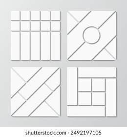 Mosaic pictures geometric frames collection. Collage layout template. Mood board grid. Set of photo moodboard. Album brandboard. Gallery banner. Organised portfolio. Vector illustration