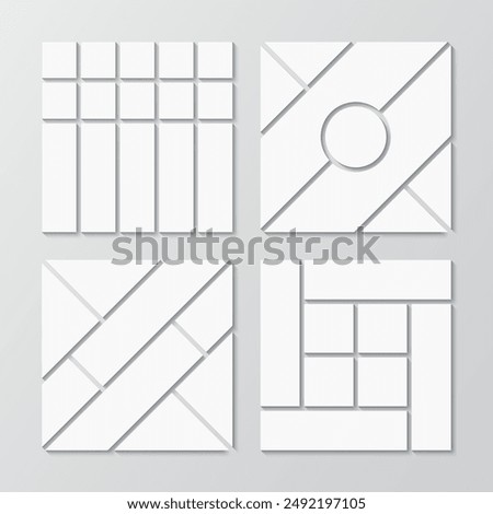 Mosaic pictures geometric frames collection. Collage layout template. Mood board grid. Set of photo moodboard. Album brandboard. Gallery banner. Organised portfolio. Vector illustration