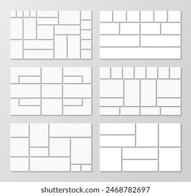 Mosaic pictures geometric frames set. Set of photo moodboard. Collage layout collection template. Mood board grid. Album brandboard. Gallery banner. Organised portfolio. Vector illustration