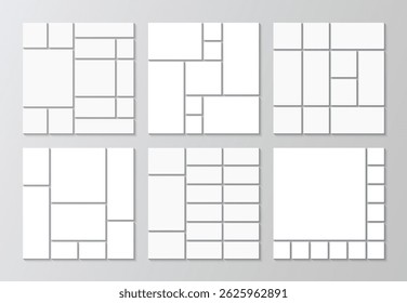 Mosaic pictures geometric frames set. Collage layout collection template. Mood board grid. Set of photo moodboard. Album brandboard. Gallery banner. Organised portfolio. Vector illustration