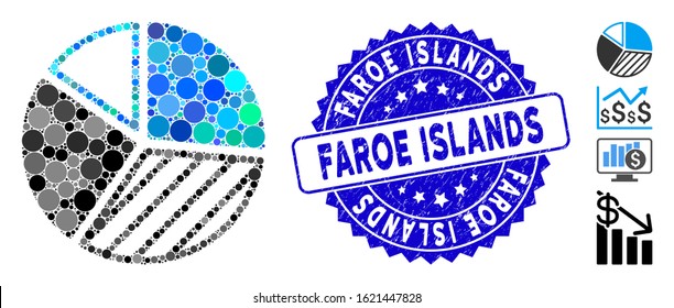 Mosaic pie chart icon and distressed stamp seal with Faroe Islands text. Mosaic vector is designed with pie chart icon and with random spheric spots. Faroe Islands seal uses blue color,
