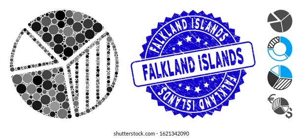 Mosaic pie chart icon and grunge stamp seal with Falkland Islands phrase. Mosaic vector is composed with pie chart icon and with randomized spheric elements.