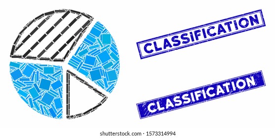 Mosaic pie chart icon and rectangular Classification watermarks. Flat vector pie chart mosaic icon of scattered rotated rectangular items. Blue Classification stamp imprints with grunged textures.