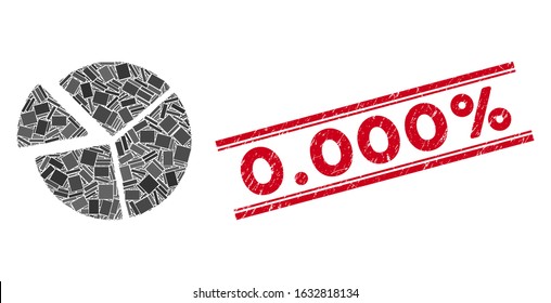 Mosaic pie chart icon and red 0.000% seal stamp between double parallel lines. Flat vector pie chart mosaic icon of scattered rotated rectangle items. Red 0.000% stamp imprint with distress surface.