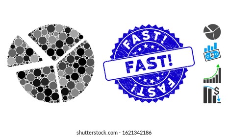 Mosaic pie chart icon and rubber stamp seal with Fast! text. Mosaic vector is designed from pie chart icon and with random spheric elements. Fast! stamp seal uses blue color, and grunge texture.