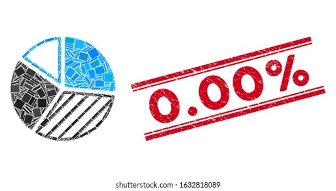 Mosaic pie chart pictogram and red 0.00% rubber print between double parallel lines. Flat vector pie chart mosaic pictogram of randomized rotated rectangle items. Red 0.