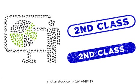 Gráfico circular mosaico informe público y sellos de sellos corroídos con la frase 2ª clase. El informe público del gráfico circular vectorial mosaico se forma con piezas ovales dispersas. Los sellos de sello de 2ª clase tienen color azul,