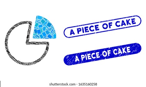 Mosaic pie charts and corroded stamp seals with A Piece of Cake phrase. Mosaic vector pie charts is formed with randomized rectangle items. A Piece of Cake stamp seals use blue color,