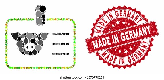 Mosaic pig badge and distressed stamp seal with Made in Germany caption. Mosaic vector is composed from pig badge icon and with randomized circle spots. Made in Germany stamp seal uses red color,