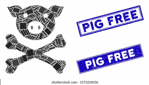 Mosaic pig death icon and rectangular Pig Free rubber prints. Flat vector pig death mosaic icon of scattered rotated rectangular items. Blue Pig Free seal stamps with grunge surface.
