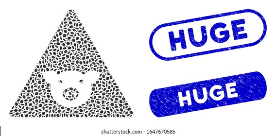 Mosaic pig error and distressed stamp seals with Huge caption. Mosaic vector pig error is designed with scattered oval spots. Huge seals use blue color, and have round rectangle shape.