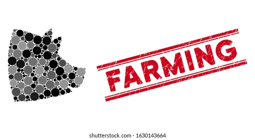 Mosaic pig head icon and corroded stamp watermark with Farming text between double parallel lines. Mosaic vector is designed with pig head icon and with random round elements.