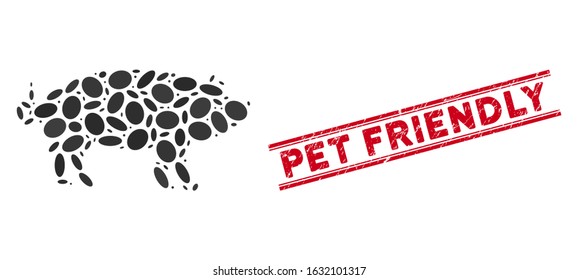 Mosaic pig icon and distressed stamp watermark with red Pet Friendly text between double parallel lines. Mosaic vector is formed with pig icon and with random oval items.
