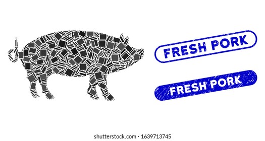 Mosaic pig icon and red round rubber stamp watermark with Fresh Pork caption and coronavirus symbol. Mosaic vector is formed with pig pictogram and with random round elements.