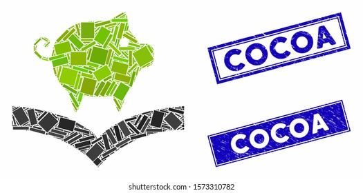 Mosaic pig knowledge icon and rectangle Cocoa stamps. Flat vector pig knowledge mosaic icon of scattered rotated rectangle items. Blue Cocoa stamps with distress textures.
