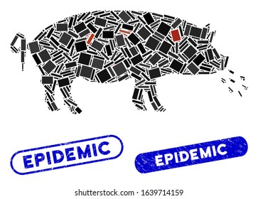 Mosaic pig plague icon and red rounded distressed stamp seal with Epidemic caption and coronavirus symbol. Mosaic vector is formed with pig plague icon and with scattered round items.