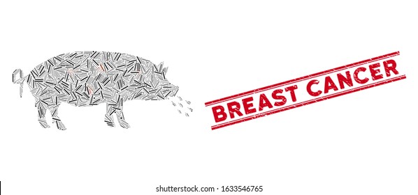 Mosaic pig plague pictogram and red Breast Cancer seal stamp between double parallel lines. Flat vector pig plague mosaic pictogram of random rotated linear items.