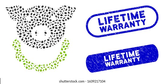 Mosaic pig reward and grunge stamp seals with Lifetime Warranty text. Mosaic vector pig reward is composed with random ellipse pieces. Lifetime Warranty stamp seals use blue color,