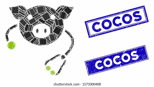 Mosaic pig veterinary pictogram and rectangular Cocos watermarks. Flat vector pig veterinary mosaic pictogram of randomized rotated rectangular items. Blue Cocos stamps with corroded surface.