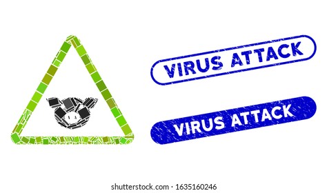 Mosaic pig warning and corroded stamp seals with Virus Attack caption. Mosaic vector pig warning is designed with randomized rectangle items. Virus Attack seals use blue color,