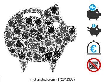 Mosaic piggy bank designed from coronavirus icons in random sizes and color hues. Vector pathogen icons are combined into abstract mosaic piggy bank icon. Some bonus icons are added.