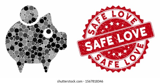 Mosaic piggy bank and distressed stamp seal with Safe Love text. Mosaic vector is composed with piggy bank icon and with scattered circle elements. Safe Love stamp seal uses red color,