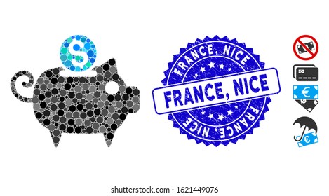 Mosaic piggy bank icon and distressed stamp watermark with France, Nice phrase. Mosaic vector is formed with piggy bank icon and with randomized spheric items. France, Nice stamp uses blue color,