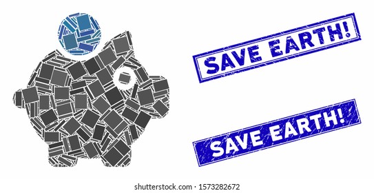 Mosaic piggy bank icon and rectangle Save Earth! stamps. Flat vector piggy bank mosaic icon of randomized rotated rectangular items. Blue Save Earth! stamps with grunge texture.