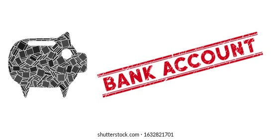 Mosaic piggy bank icon and red Bank Account seal stamp between double parallel lines. Flat vector piggy bank mosaic icon of random rotated rectangular elements.