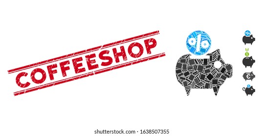 Mosaic piggy bank icon and red Coffeeshop watermark between double parallel lines. Flat vector piggy bank mosaic icon of scattered rotated rectangle elements.