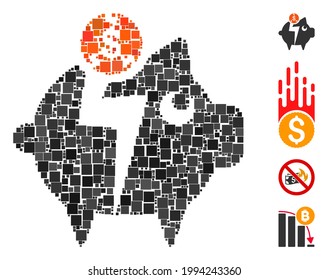 Mosaic Piggy bankruptcy icon united from square items in different sizes and color hues. Vector square items are combined into abstract mosaic piggy bankruptcy icon. Bonus pictograms are added.
