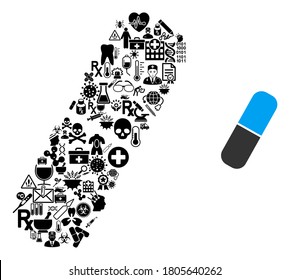 Mosaic pill with health care symbols and basic icon. Mosaic vector pill is composed with health care symbols. Abstract illustrations elements for pandemic posters.