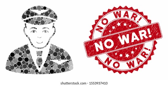 Mosaic pilot and grunge stamp seal with No War! caption. Mosaic vector is composed from pilot icon and with scattered round items. No War! stamp seal uses red color, and grunge surface.