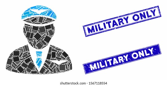 Mosaic pilot pictogram and rectangular stamps. Flat vector pilot mosaic pictogram of random rotated rectangular elements. Blue caption rubber stamps with rubber texture.