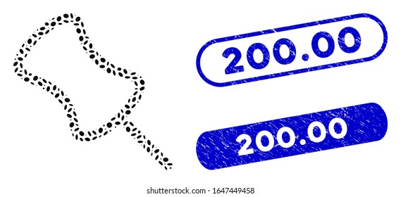 Mosaic pin and rubber stamp seals with 200.00 text. Mosaic vector pin is created with random oval pieces. 200.00 stamp seals use blue color, and have round rectangle shape.