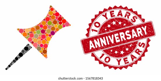 Mosaic pin and rubber stamp watermark with 10 Years Anniversary text. Mosaic vector is designed with pin icon and with scattered round spots. 10 Years Anniversary stamp seal uses red color,