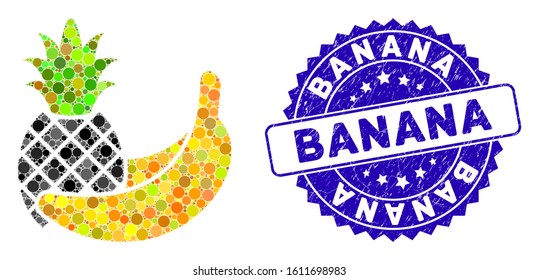Mosaic pineapple and banana fruits icon and rubber stamp seal with Banana phrase. Mosaic vector is composed with pineapple and banana fruits icon and with scattered spheric items.