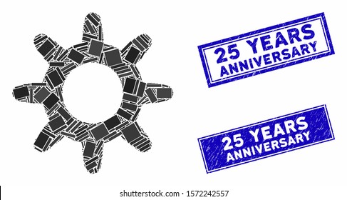 Mosaic pinion pictogram and rectangular 25 Years Anniversary seal stamps. Flat vector pinion mosaic pictogram of scattered rotated rectangular elements.