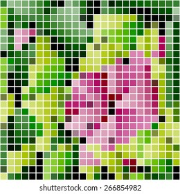 Mosaic with pink rose on green background