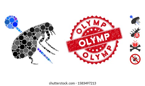 Mosaic pinned flea icon and grunge stamp watermark with Olymp text. Mosaic vector is formed with pinned flea icon and with random circle items. Olymp stamp seal uses red color, and grunge surface.