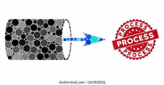 Mosaic pipe direction and grunge stamp seal with Process text. Mosaic vector is designed with pipe direction icon and with random round elements. Process stamp seal uses red color, and dirty design.