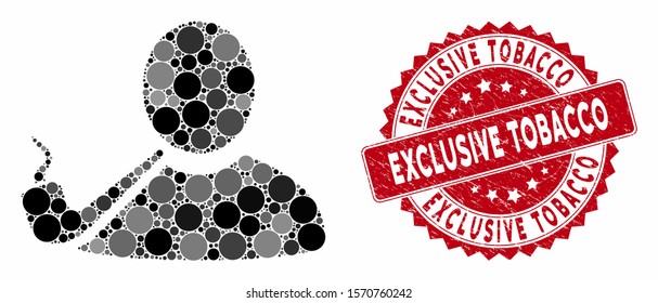 Mosaic pipe smoker and grunge stamp seal with Exclusive Tobacco phrase. Mosaic vector is designed with pipe smoker icon and with random circle spots. Exclusive Tobacco seal uses red color,