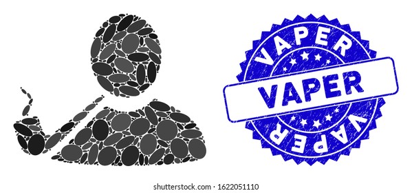 Mosaic pipe smoker icon and corroded stamp seal with Vaper text. Mosaic vector is created with pipe smoker pictogram and with random oval elements. Vaper stamp seal uses blue color,