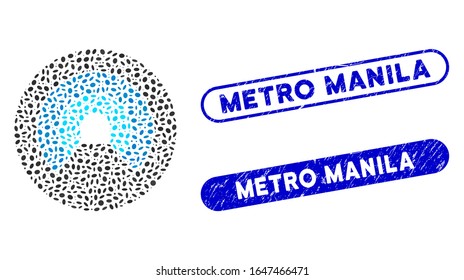 Mosaic pipe tunnel and distressed stamp seals with Metro Manila phrase. Mosaic vector pipe tunnel is created with scattered oval parts. Metro Manila stamp seals use blue color,