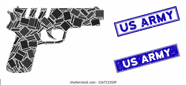 Mosaic pistol gun icon and rectangular seal stamps. Flat vector pistol gun mosaic icon of randomized rotated rectangular elements. Blue caption seal stamps with dirty textures.