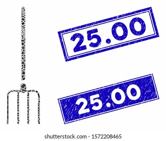 Mosaic pitchfork pictogram and rectangle 25.00 stamps. Flat vector pitchfork mosaic pictogram of scattered rotated rectangle items. Blue 25.00 stamps with dirty texture.
