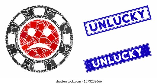 Mosaic pity casino chip pictogram and rectangular Unlucky seal stamps. Flat vector pity casino chip mosaic pictogram of random rotated rectangular items.