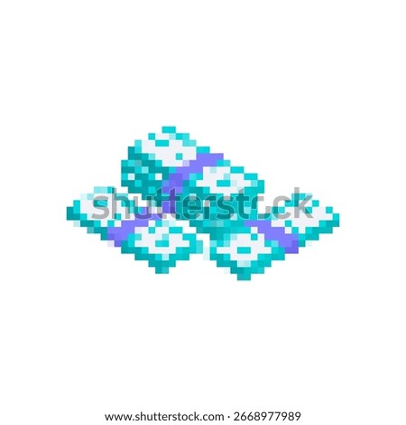 Mosaic pixel art of money stack, bright blue and white, resembling retro game items.