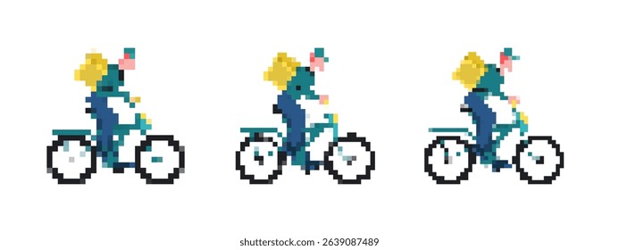 Mosaic pixel art shows a cyclist with a backpack in motion. the image captures three distinct stages.