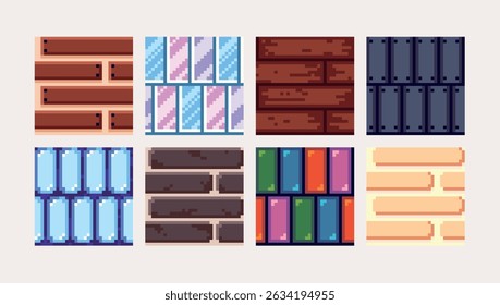Mosaic pixel art square blocks. Abstract geometric seamless pattern textures 8 bit platform tiles. Game development, mobile app template. Texture grid vector illustration.